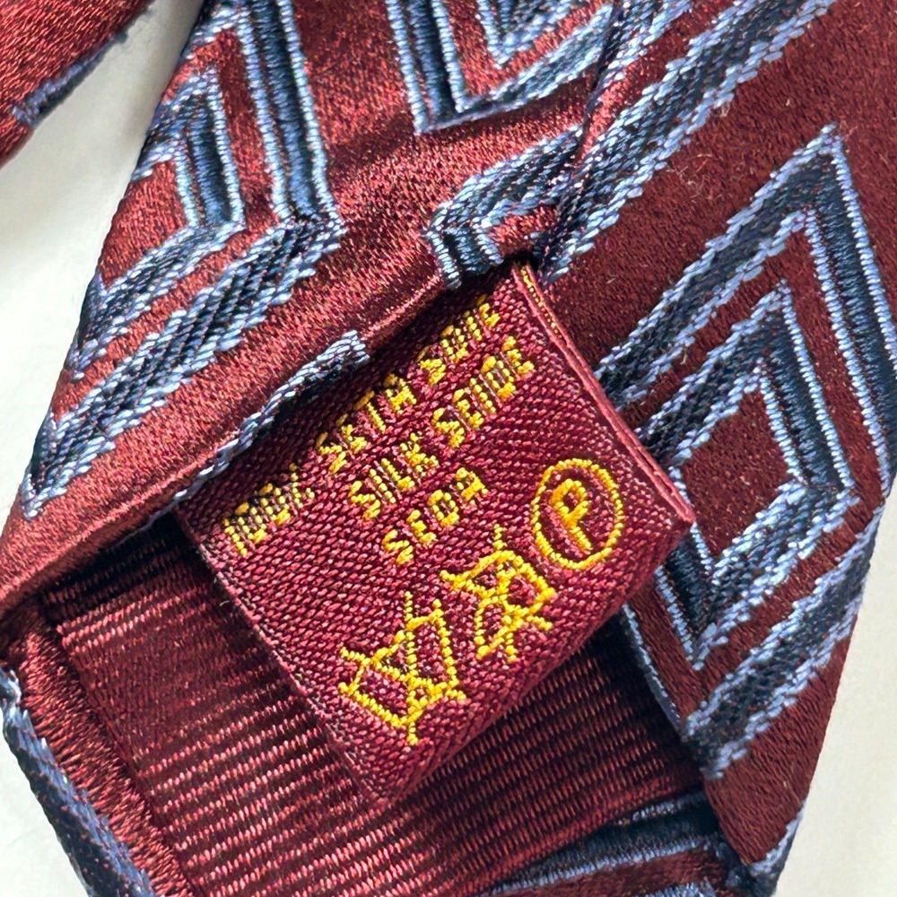 Villa Bolgheri Burgundy Blue Diamond Geometric Jacquard 100% Silk Tie Italy - Picture 9 of 10